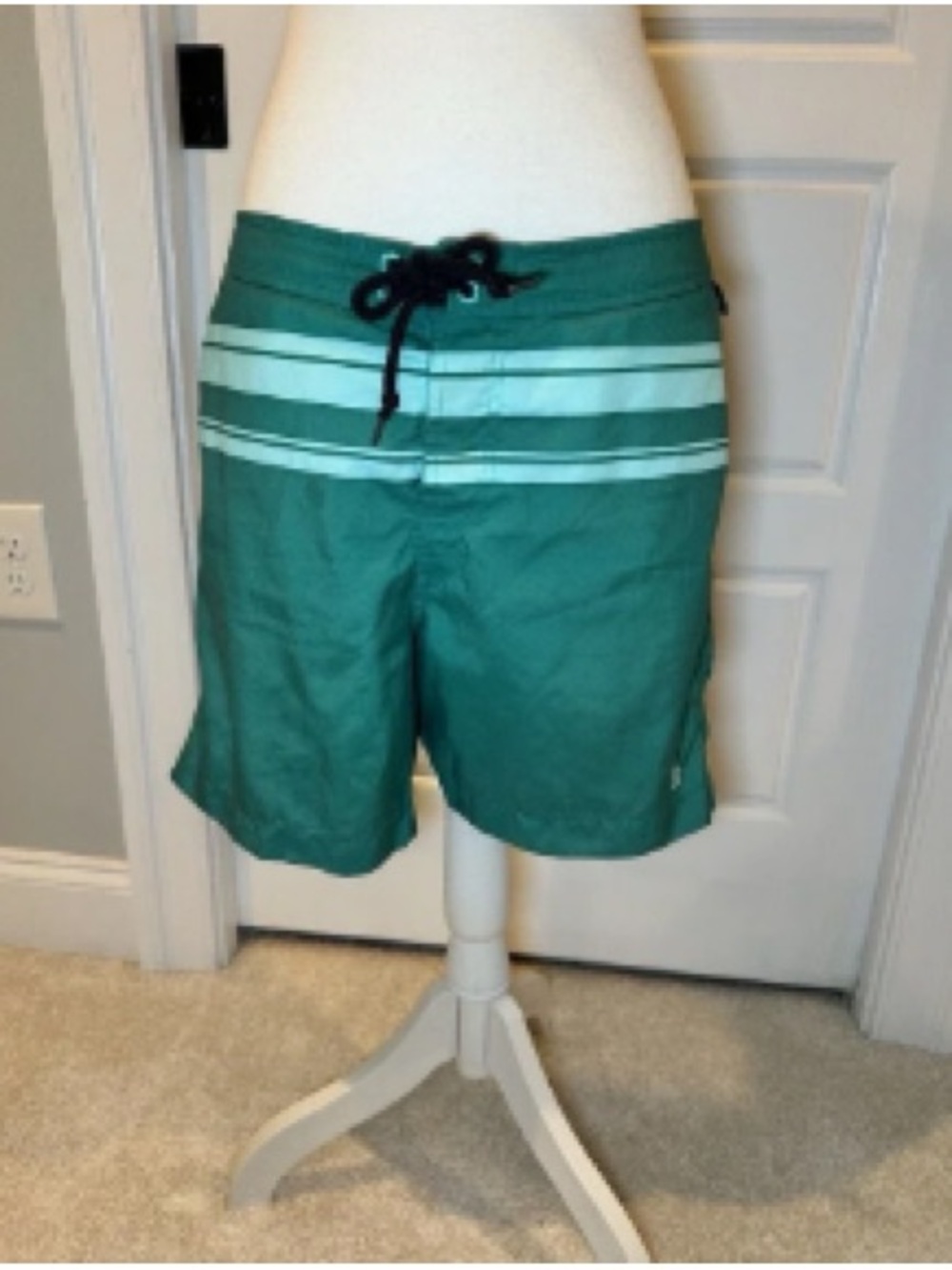 Men's Green Striped Swim Shorts with Drawstring Waist